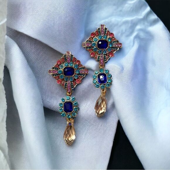 Blue Pink Teal Rhinestone Smokey Crystal Statement Dangle Earrings NWT - Picture 1 of 4